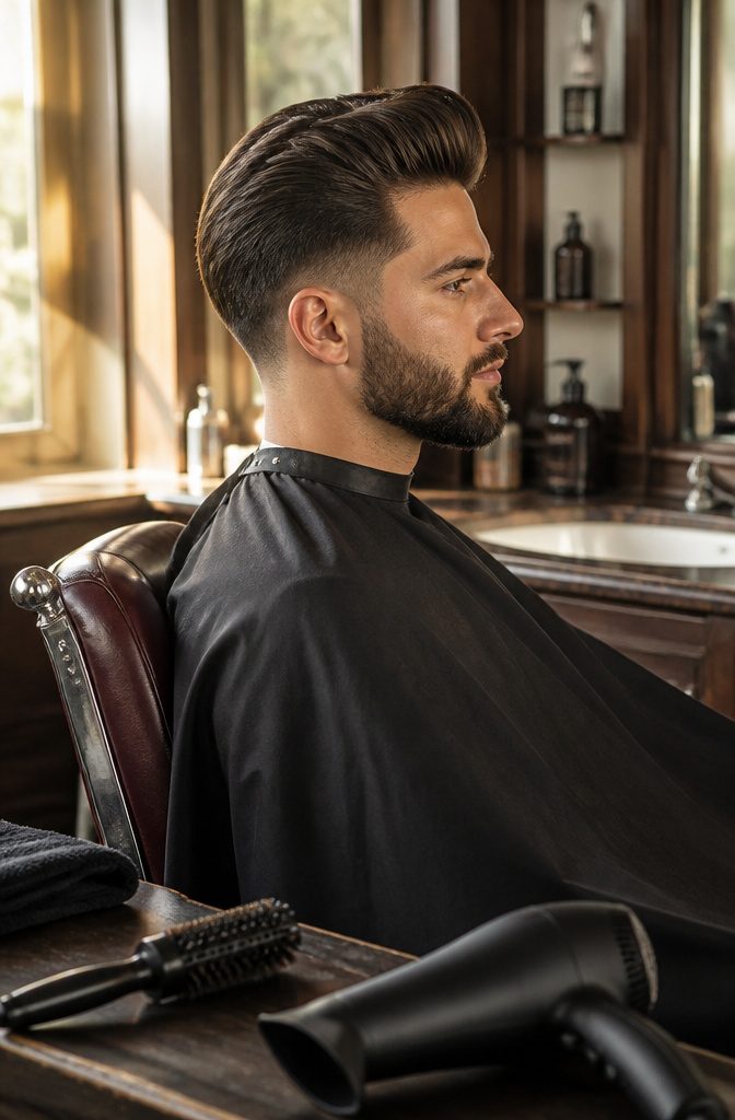 Man with a voluminous quiff, low taper, and shaped beard.