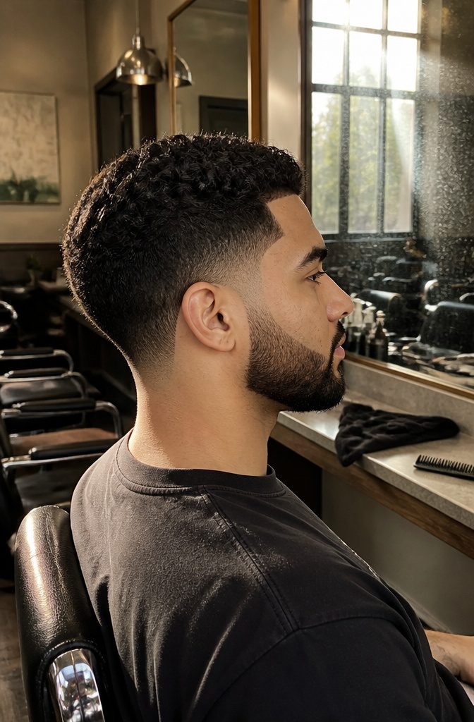 Man with a low taper and short boxed beard at the sideburn.
