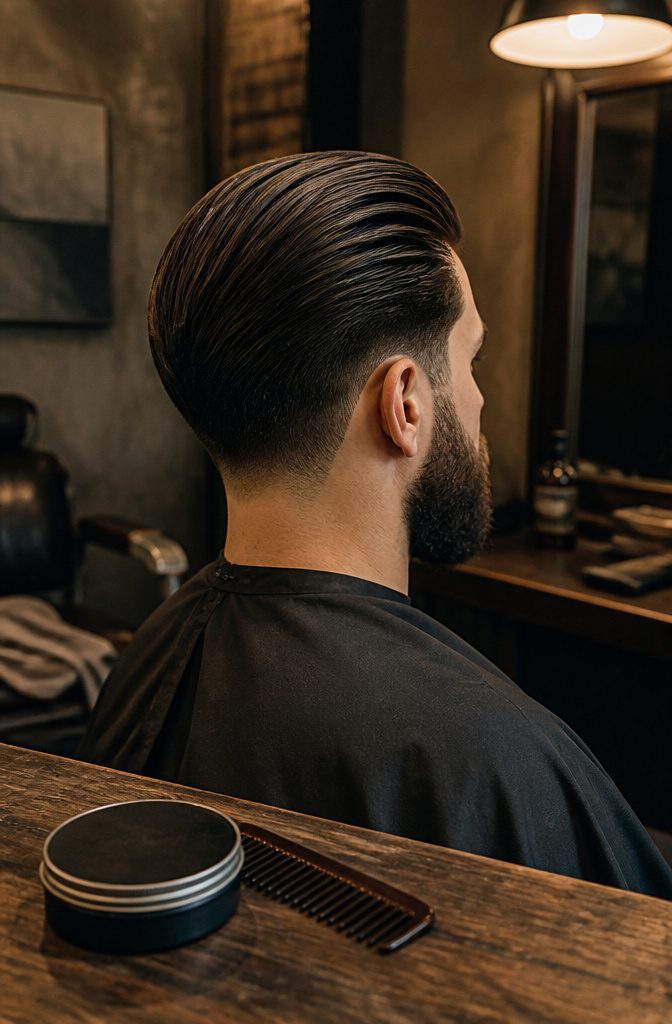 Man with slicked-back hair, low taper, and groomed beard.