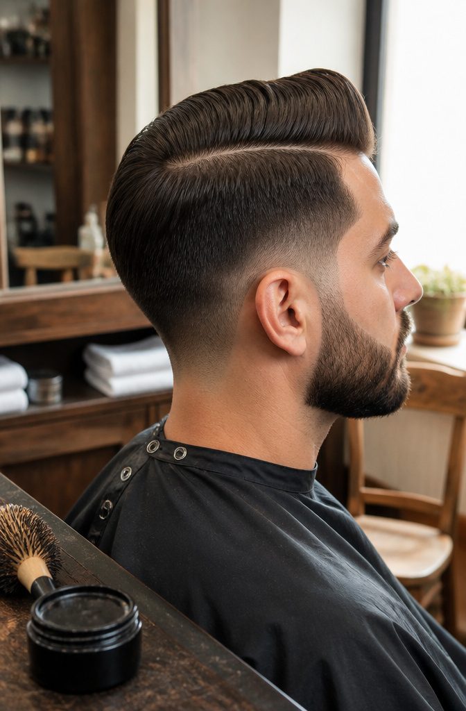 Man with straight hair, low taper, and sharply defined beard transition.