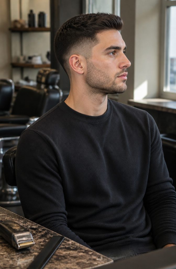 Man with a low taper haircut and light stubble along his jaw.