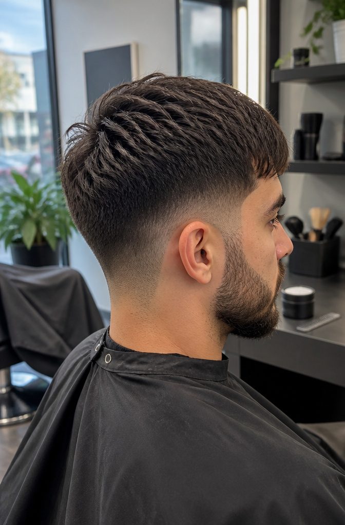 Man with a textured fringe, low taper, and short beard.