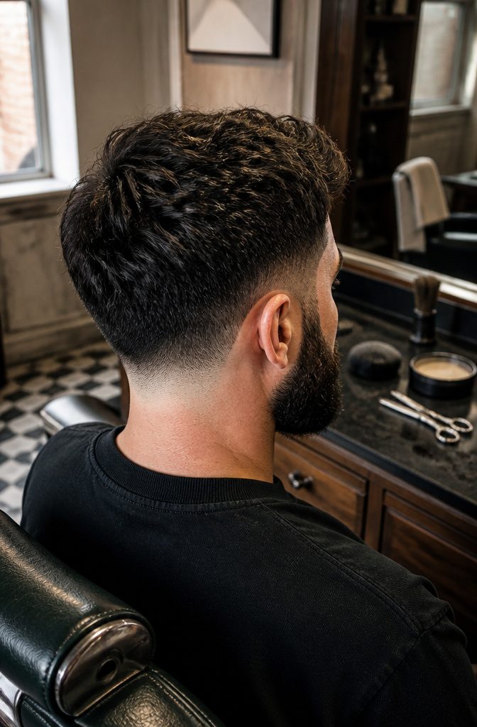Man with thick hair, low taper, and dense beard.