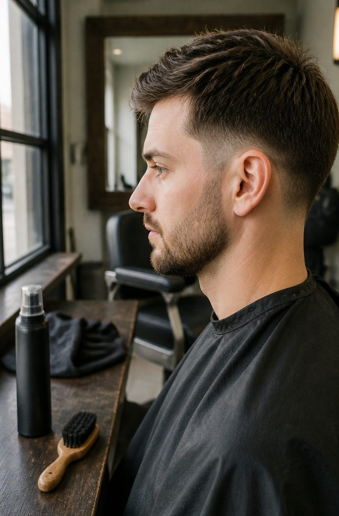 Man with fine hair kept longer on top and a neat beard.