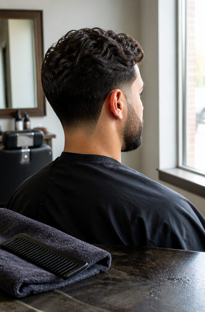 Man with wavy hair, low taper around the ears, and short beard.