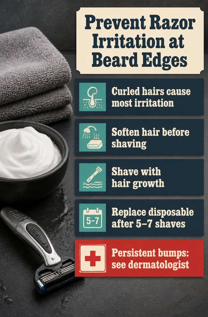 Beauty infographic titled Prevent Razor Irritation at Beard Edges.