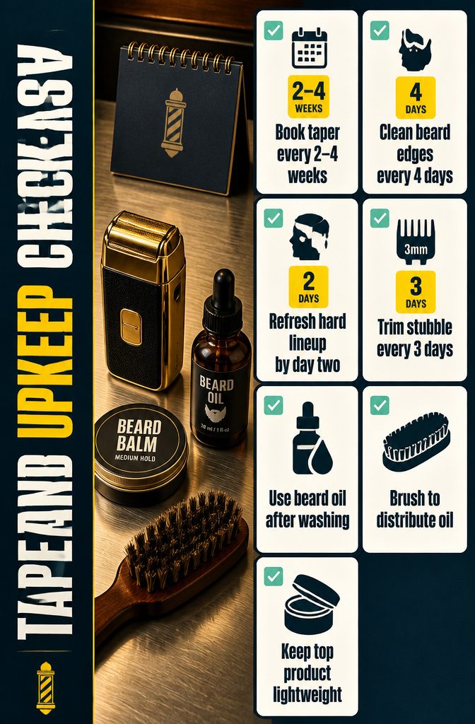 Beauty infographic titled Taper and Beard Upkeep Checklist.
