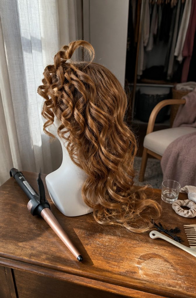 Mannequin head with lifted roots and curls loosening down the hair length
