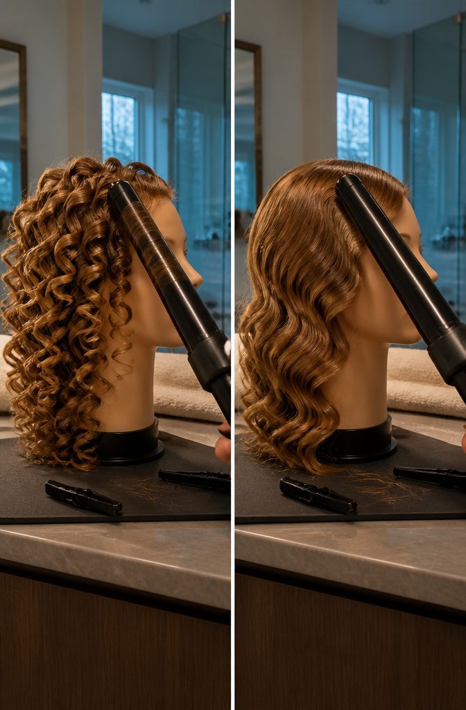 Reverse tapered wand with its wide barrel positioned near the scalp