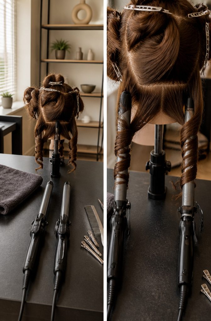 Two reverse tapered curling irons used on opposite sides of a head