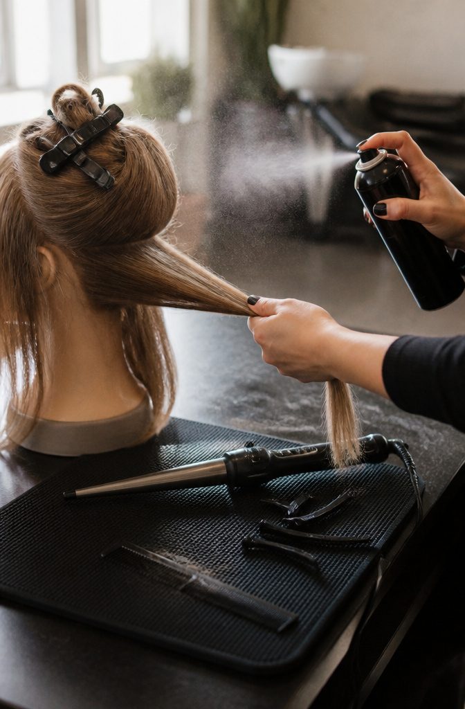 Dove Flexible Hold Hairspray used to prep a section of hair before curling
