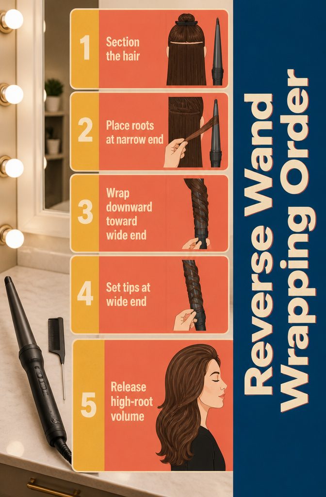 Reverse wand wrapping diagram showing hair roots near the narrow end