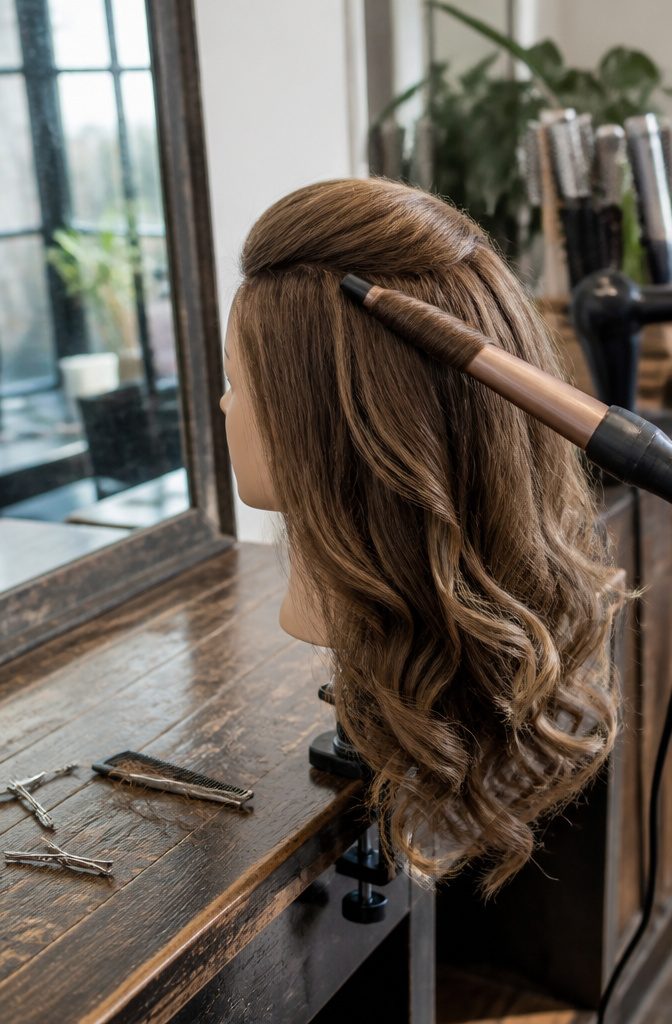 Mannequin head with lifted crown waves and a curling iron at the roots