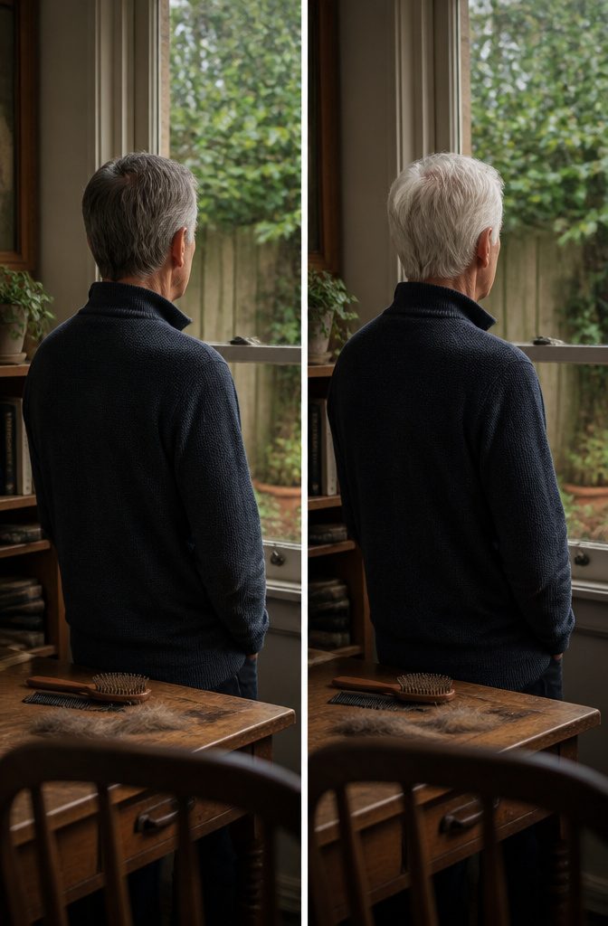 Man with mostly white hair viewed from behind at a three-quarter angle