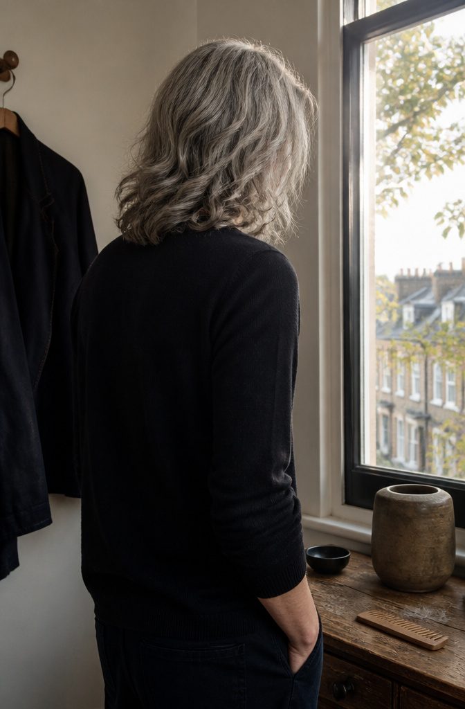 Man with shoulder-length wavy light gray hair viewed from behind