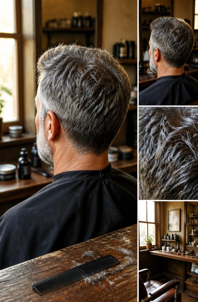 Man with dark and gray strands mixed throughout short hair