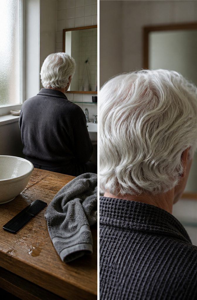 Man with mostly white hair viewed from behind at a three-quarter angle