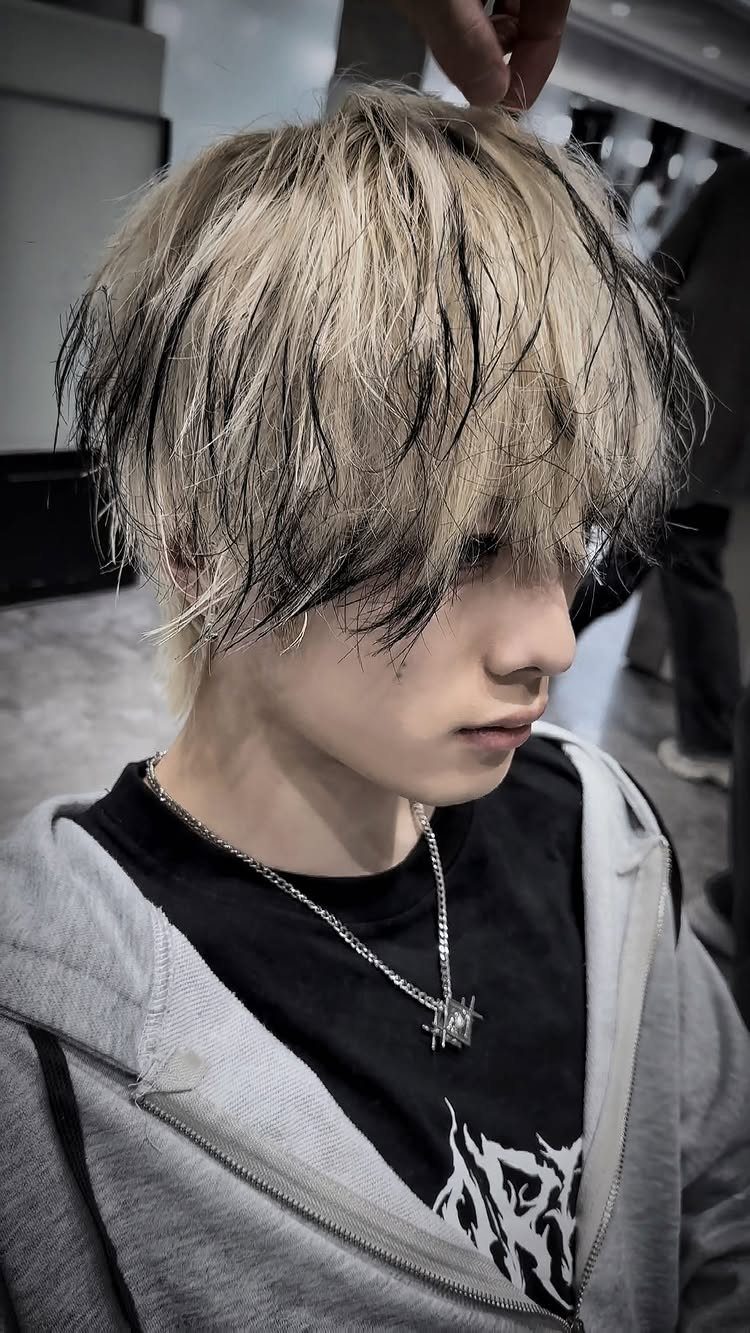 Young man with a bleached blonde and black alternative wolf cut hairstyle.