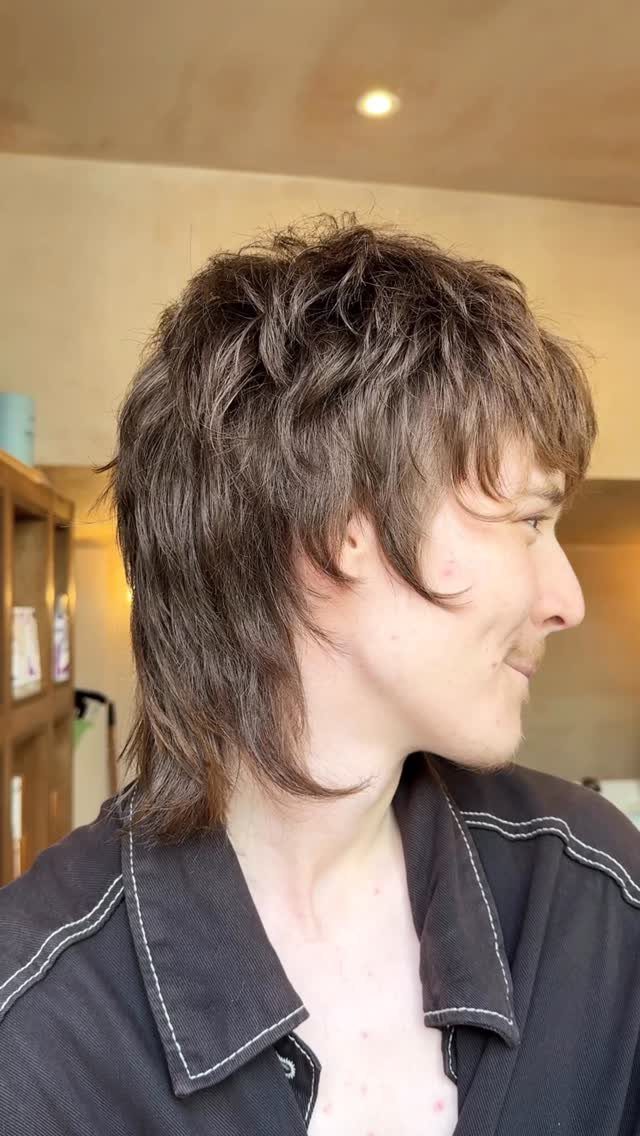 Person with a brown shaggy wolf mullet haircut and choppy layers.