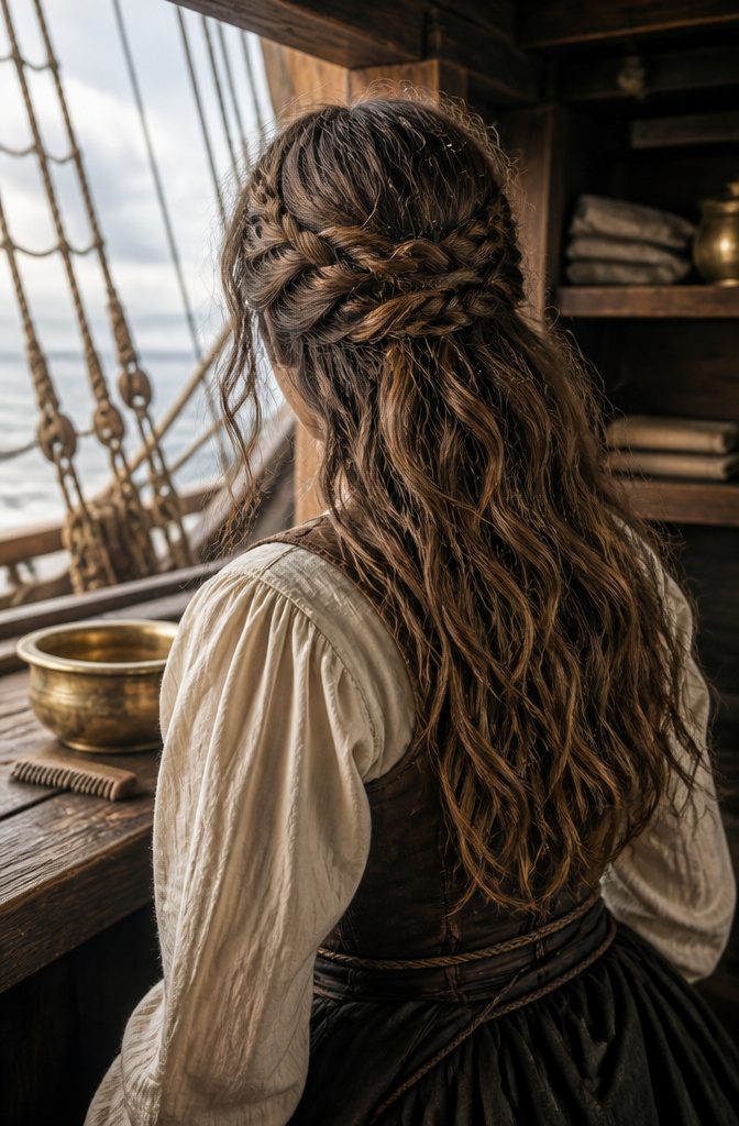 Woman with crown braid framing face and loose wavy hair