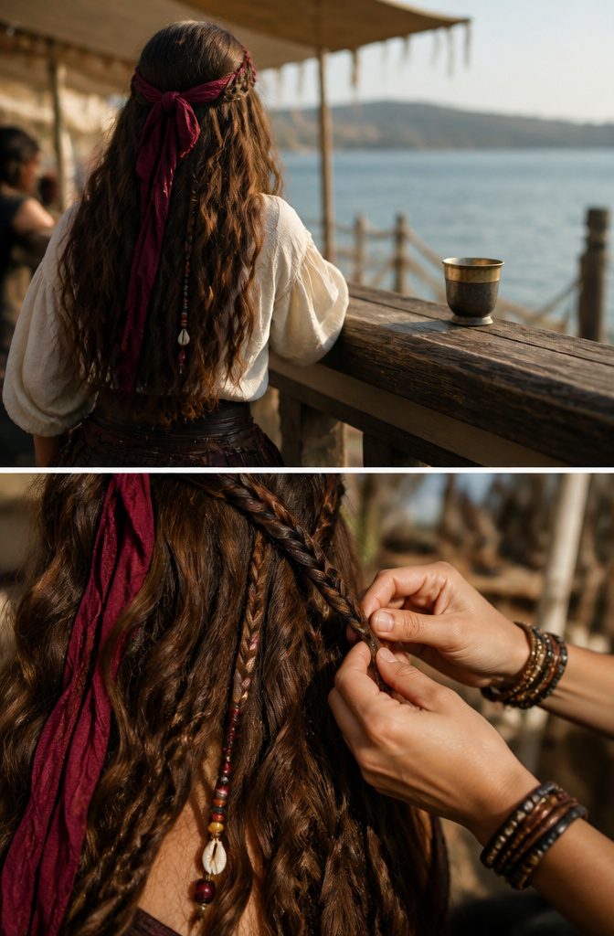 Loose waves with thin braids beads shells feathers and bandana