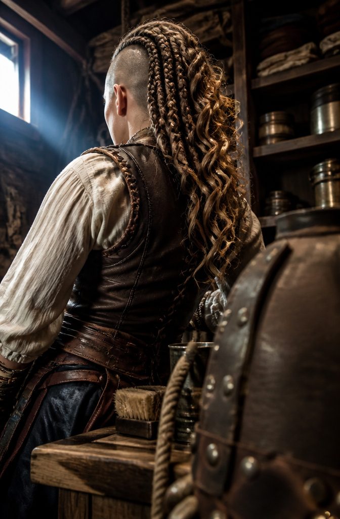 Woman with shaved side and tight braids swept across head