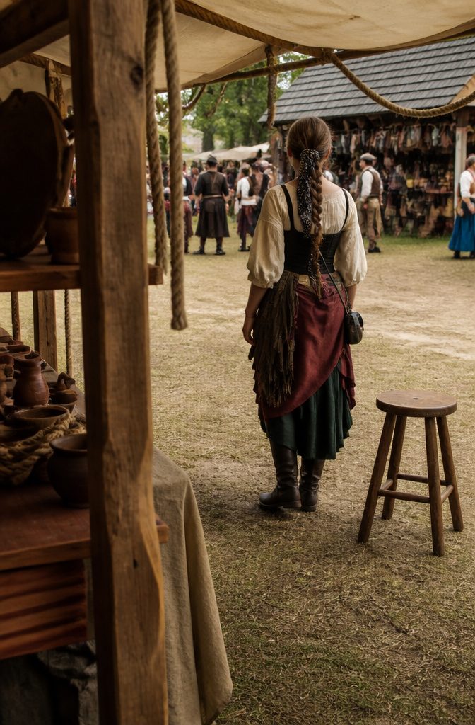 Woman wearing scarf-wrapped braid and tricorn hat at themed event