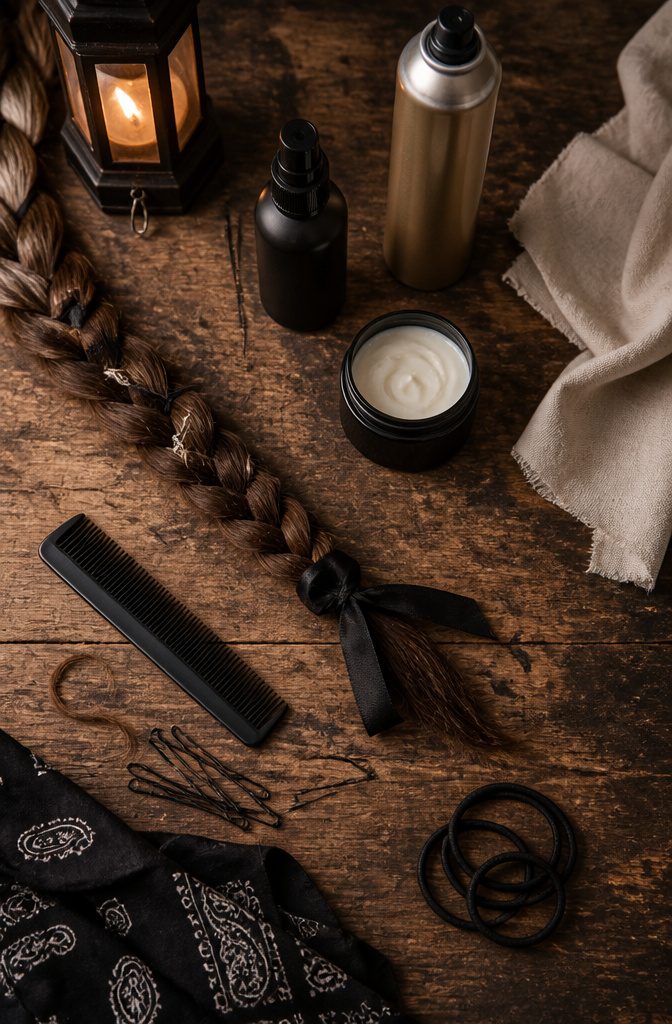 Hair products arranged for curls texture frizz control and hold