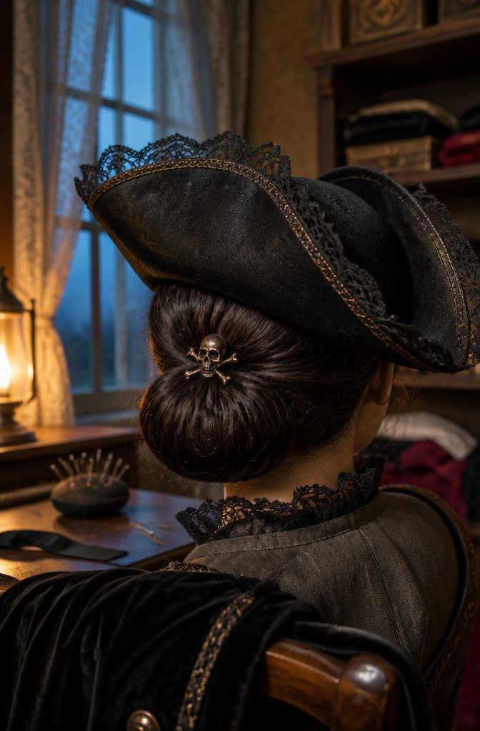 Low bun beneath lace-trimmed pirate hat with skull accessory