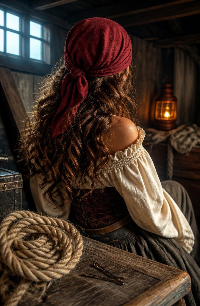 Woman with loose waves wearing a bandana and pirate hat
